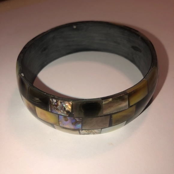 VTG Abalone Brown w Blue Irridescent Inlay Squares & Wooden Bangle 8” - Picture 3 of 4